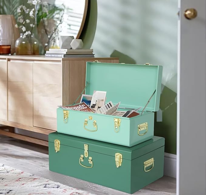 Vixdonos Decorative Large Metal Box Storage Trunk Chest Set of 2 College Dorm Organizer with Hardware Hasps and Handle for Home Deocr,23.7X14.2X9.5 Inches