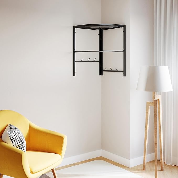 Cinnabar Corner Clothes Rack with Shelf, Adjustable Hanging Wardrobe Closet Organizer for Bedroom Living Room (black)