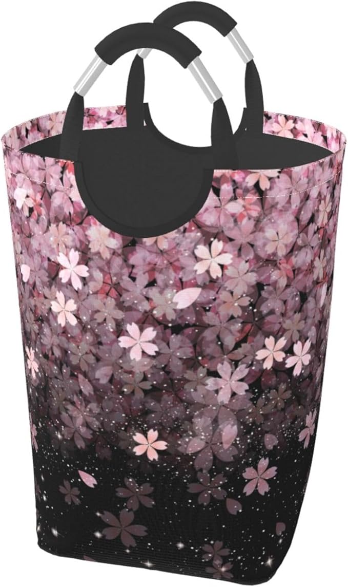 Cherry Blossoms Laundry Basket Pink Flowers Foldable Laundry Hamper Cute Floral Collapsible Laundry Baskets with Handles Clothes Hamper Laundry Tote Bag for Dorm Family Storage Bin 50L