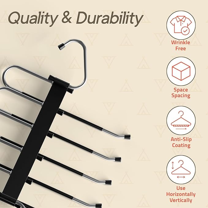 Black Space Saving Pants Hangers 4 Pack, 6 Layer Jeans Hangers and Closet Organizer for Jeans, Scarves, Skirts, Multi-Layer Hanger with Anti-Slip Coating & Stopper, Heavy-Duty S-Type Stainless Steel