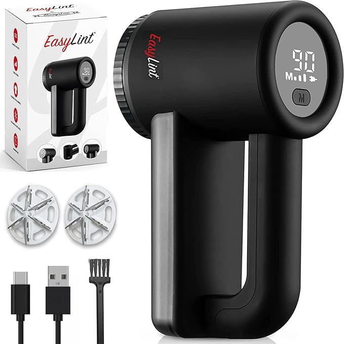 EasyLint Rechargeable Fabric Shaver Lint Remover, Effectively Remove Fuzz, Pills & Bobbles from Clothes, Sweaters, Couch and Furniture, 3-Speeds, 6-Leaf Blade Lint Shaver, LED Display & USB Charging