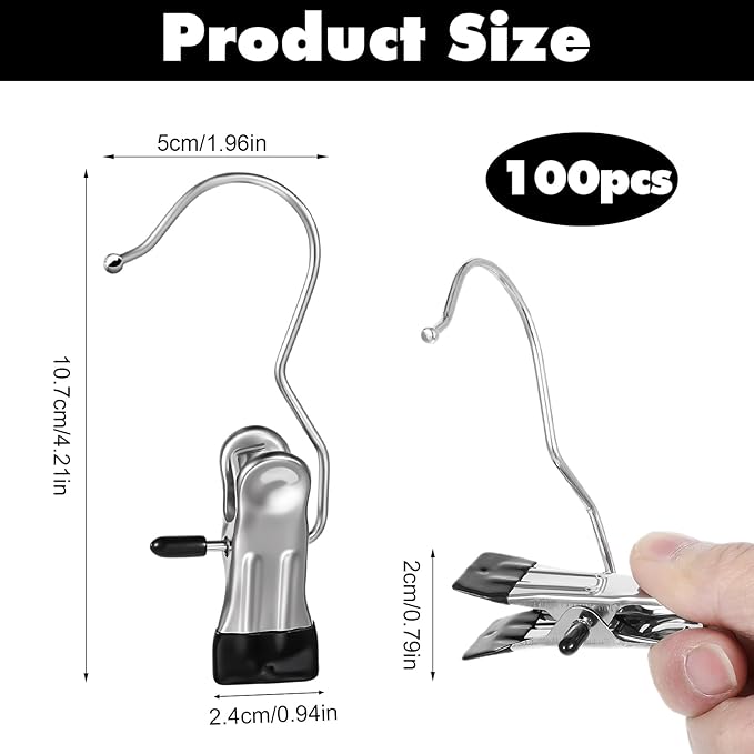 100 Pack Boot Hanger Clips Heavy Duty Laundry Hooks with Clips, Portable Stainless Steel Clothes Pins Boot Clips for Hanging Pants Socks Hats Towels Clothpins Hanger for Travel (5 Colors)