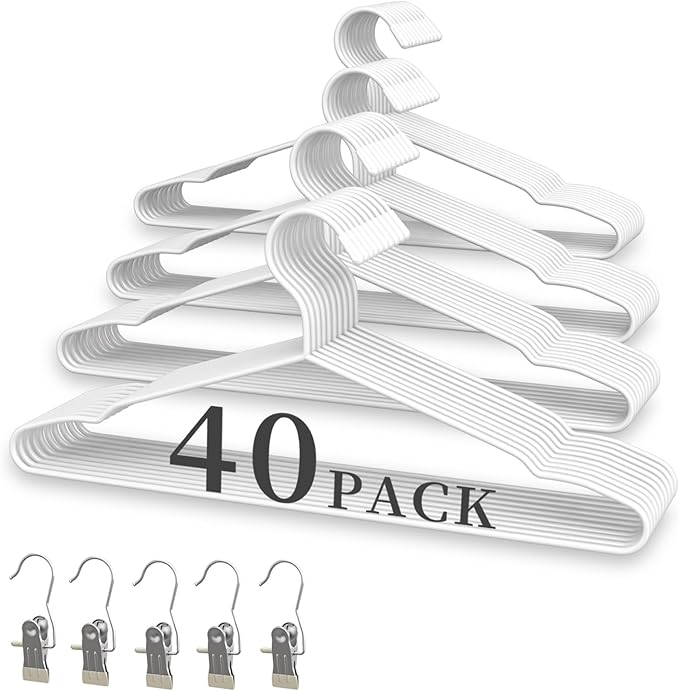 40Pack+5 Clips Luxurious Hanger Set ，16.69" Heavy Duty Matte White Metal HangersWithstands 50lbs Weight Smooth Powder Coated Finish Compact Shirt Hangers