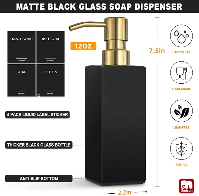 GMISUN Gold Soap Dispenser, Black Soap Dispenser Bathroom with Stainless Steel Pump, Hand and Dish Soap Dispensers Set for Kitchen, 12 fl oz/350ml Glass Liquid Refillable Lotion Dispenser Bottle
