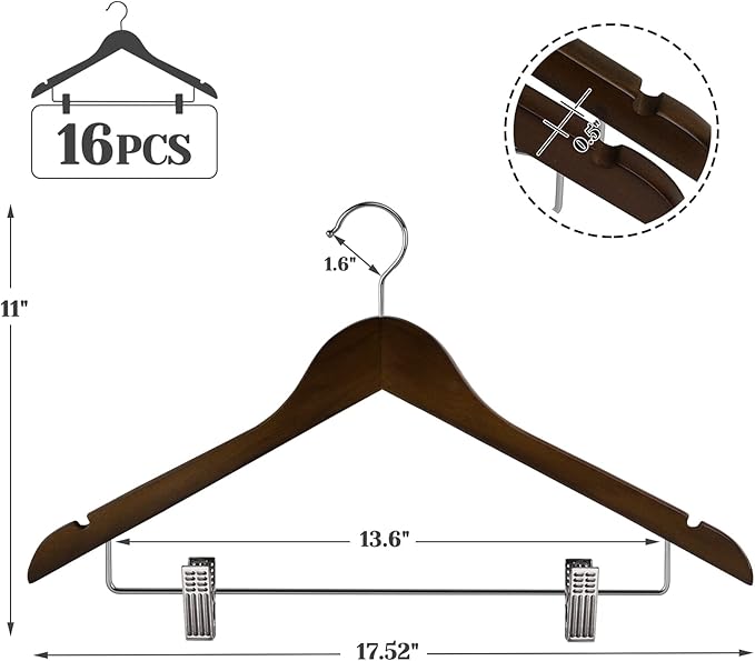 Wooden Clothes Hangers with Clips, 16Pack Wood Skirt Hangers with Clips, High-Grade Selected Walnut Wood Hangers with Sturdy Metal Clips for Pants, Suit, Heavy Winter Coat, Jacket, Formal Dress