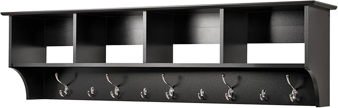 Pemberly Row Wall Hanging Coat Rack, 60 in Wide, Black Laminate Finish, 5 Large and 4 Small Hooks, 4 Storage Compartments, Mudroom or Entryway Organizer