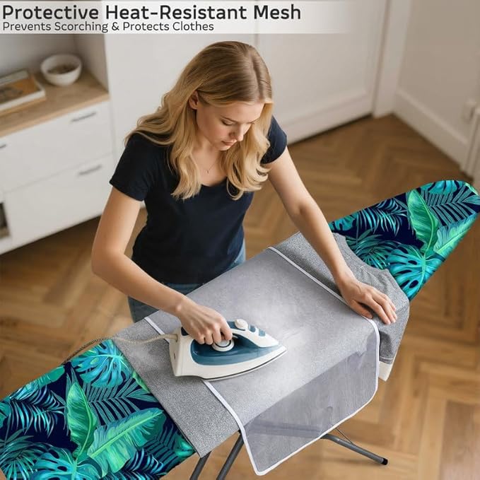 FIOBEE Ironing Board Cover and Pad Extra Thick Iron Board Pad with Heat-Resistant Mesh Padded Iron Board Covers Adjustable Buckle & Elastic Edges for 15x54 Standard Size Ironing Board, Green Leaf