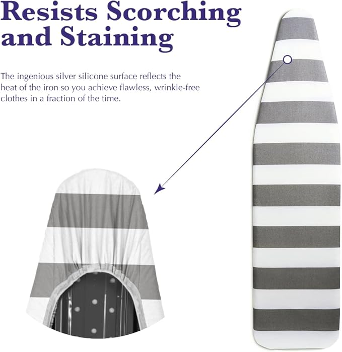 Epica Ironing Board Cover and Pad - Standard Size 15x54 Padded Ironing Board Covers, Heat Reflective Coating, Thick Pads, Scorch & Stain Resistant Iron Board Cover with Padding Grey & White Stripe