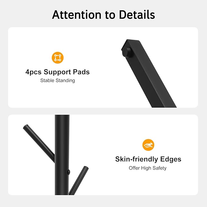 70"Coat Rack freestanding Stand Bamboo Wooden with 7 Hooks, Tree Standing Coat Jackets Hanger Easy Assembly Hallway Mounted Corner Parlor Office Floor Stand for Clothes Nature (Style 2., Black)