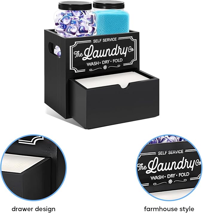 Laundry Pods Container, 7.8 x 5.1 x 6.7 Inches Wooden Dryer Sheet Container, Rustic Containers Storage Box, 2-Tier Storage Box with Drawer for Dryer Sheets and Pods (Black)