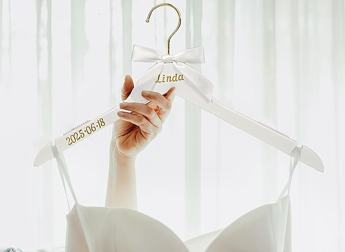 Personalized Bride Hanger for Wedding Dress Wooden Wedding Dress Hangers, DIY Your Name, Title, and Wedding Date,Set of 2(White + Vintage)