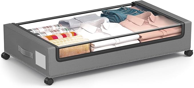 Under Bed Storage Containers with Wheels - Foldable Organizer Bins for Blankets, Clothes, Shoes, Toys, and Comforters.Capacity, Space Saving, Easy Pull Out, Clear PVC (Gray-1)