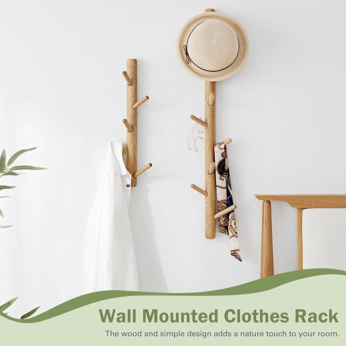 Vertical Coat Rack Wall Mounted - Height 16 Inches, Oak Wood Vertical Hat Rack for Wall with 4 Hooks, Modern Coat Rack Tree for Hanging Hats, Jackets, Bags in Entryway Bedroom Office