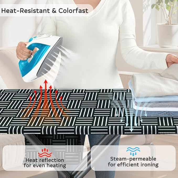 FIOBEE Ironing Board Cover and Pad Extra Thick Iron Board Pad with Heat-Resistant Mesh Padded Iron Board Covers Adjustable Buckle & Elastic Edges for 15x54 Standard Size Ironing Board, Black Stripe