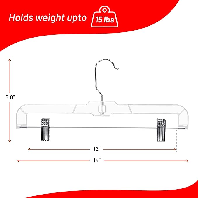 DEILSY™ Skirt Hanger Pants Hangers with Clips Hangers Shorts Hanger Clear Plastic Clothes Hangers with 2-Adjustable Clip Non-Slip Clothes Hangers Perfect for Pant, Pack of 12
