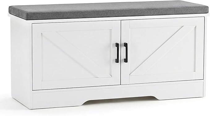 DUMOS Shoe Storage Bench, 39" Wide Shoe Organizer Cabinet with Padded Seat Cushion, 2 Doors, Adjustable Shelf for Entryway, Hallway, Bedroom, Living Room, White