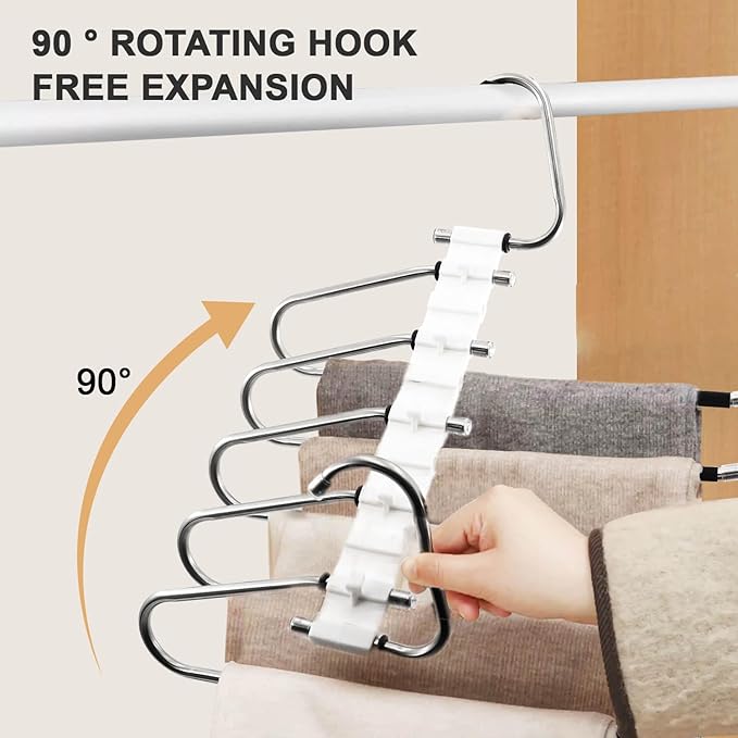 2Pack Pants Hangers Space Saving,Anti-Slip Design, Storage Organizer for Pants Jeans Trousers Skirts Scarf,Non Slip Stainless Steel Multifunctional Rack (Black, Three-Bend type-2pack)