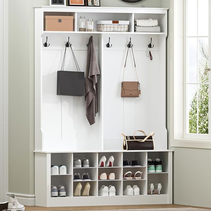 Hall Tree with Bench and Shoe Storage, 53" Farmhouse 4-in-1 Mudroom Storage Organizer with Coat Rack, 6 Hooks, 12 Shoe Cubbies, Adjustable Shelf, for Entryway, Hallway, Living Room, White