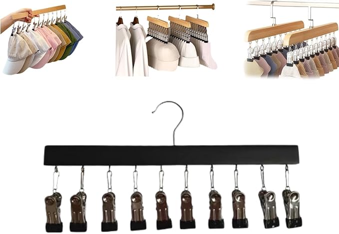 Closet Organizer with 10 Clips, 2026 NEW Space Saving Hanging Closet Organizer, Space-Saving Hat Scarf Clothespins for Jeans Skirts Socks Pant Hangers with Clips (1, Black)