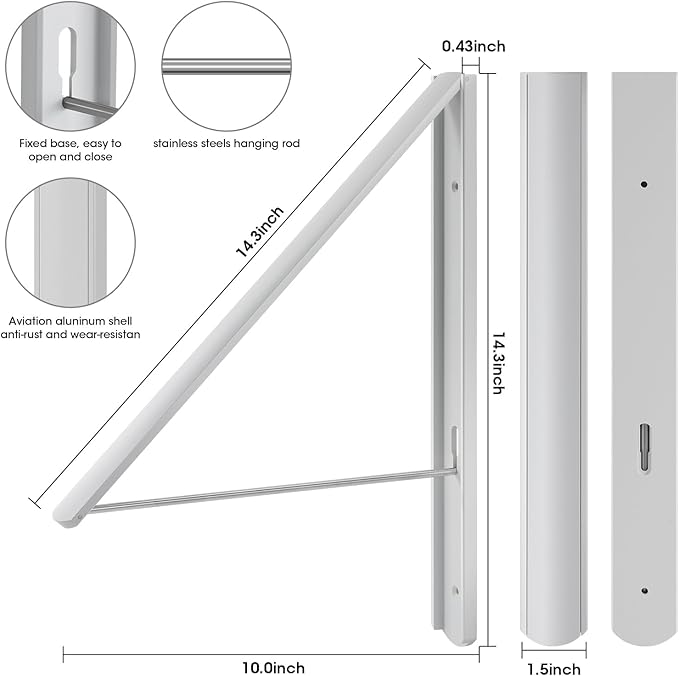 Foldable Clothes Drying Rack, Wall Mounted Retractable Drying Rack Clothes Hanger for Laundry, Bathroom, Balcony Use, Space Saving Laundry Racks and Closet Organizer, Aluminum (White)