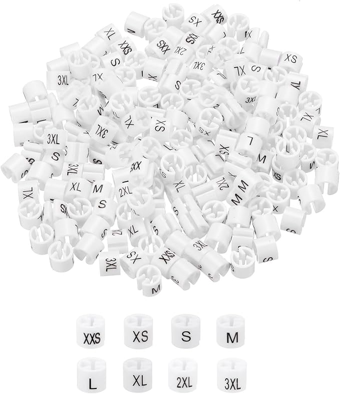 MECCANIXITY Clothes Hanger Marker XXS/XS/S/M/L/XL/2XL/3XL Size Tag Fit 3mm Rod White for Garment Clothing Color Coding, 200Pcs