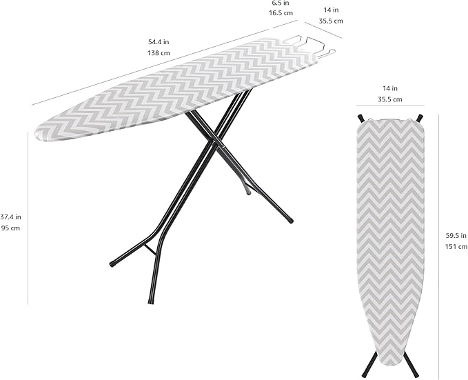 Amazon Basics Height Adjustable Full-Size Foldable Ironing Board, 4-Leg Fold-Up, Chevron Removable Cover, 60" x 14" x 38"