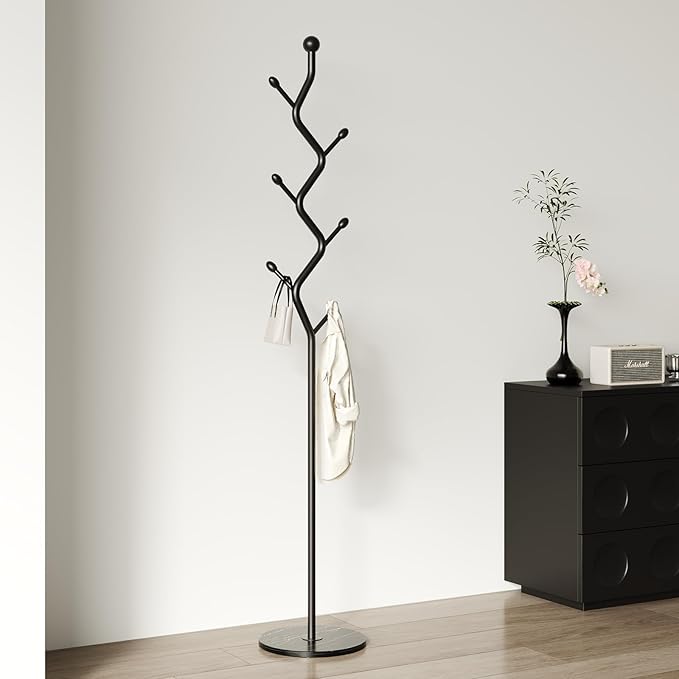 Creative Tree Branch-Look Coat Rack Freestanding with 6 Hooks & Sturdy Marble base Metal Clothes Hanger Stand for Entryway/Mudroom/Bedroom/Hallway/Home Office (Matte black)