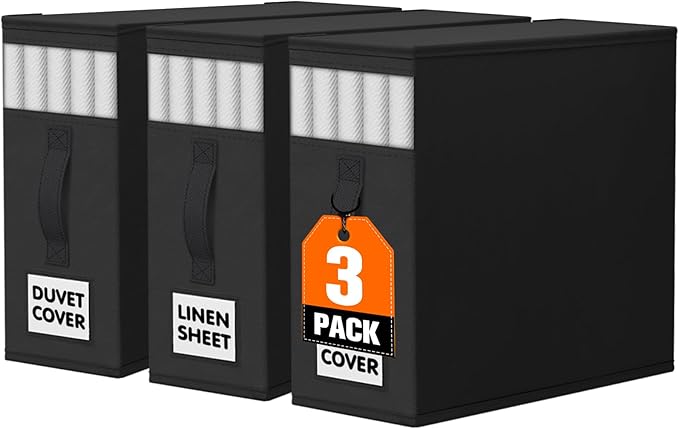 WOWBOX Sheet Organizers and Storage,Closet Bed Sheet Organizer Under Bed Storage and Organization with Label Cards & Clear Window for Bedding Sheets,Duvet Covers,Blankets (3 Pack，Black)
