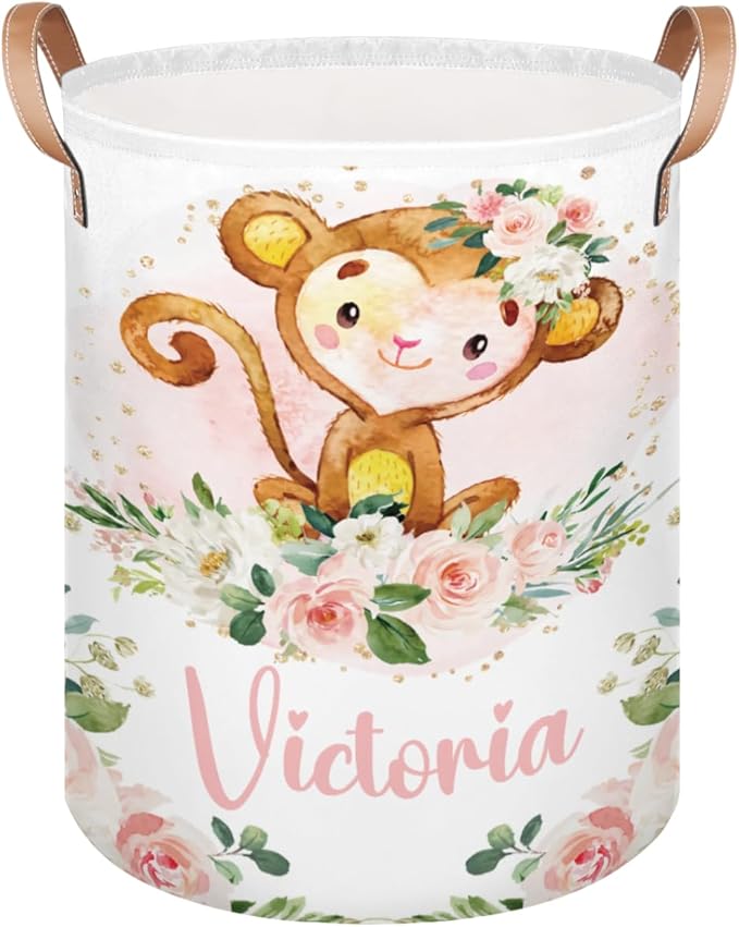 Personalized Laundry Basket, Custom Gift Laundry Hamper, Collapsible Nursery Waterproof Laundry Baskets, Dirty Clothes Toy Hamper with Handles Cute Girly Monkey