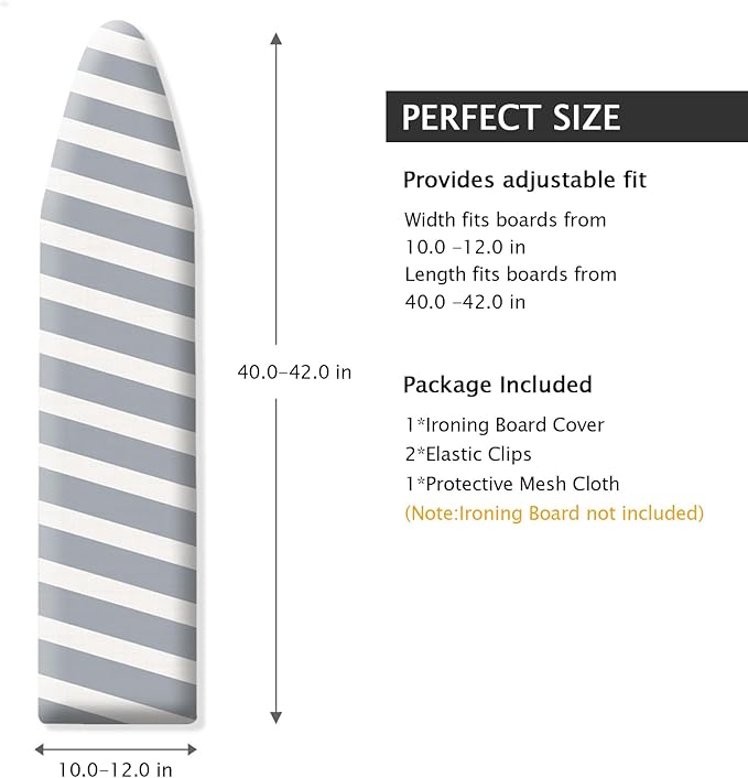 SheeChung 42”x12” Ironing Board Cover and Pad - with Pull Bungee Fit System and Connecting Straps,Premium Heavy Duty 4-Layer Silicone Coated Cover,Heat Reflective, Scorch Resistant