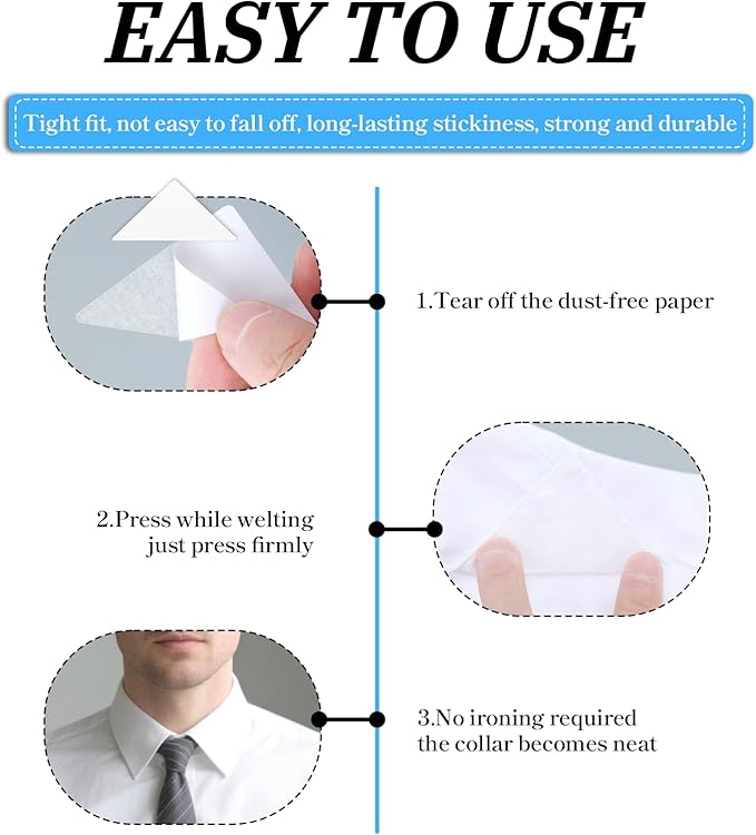 120 Pcs Dress Shirt Collar Inserts, Plastic Collar Stays for Polo Shirts Self-Adhesive Inserts for Dress Shirts, No Curl Triangle Anti-Warping Edge Suitable for Men & Women Casual & Formal Wear