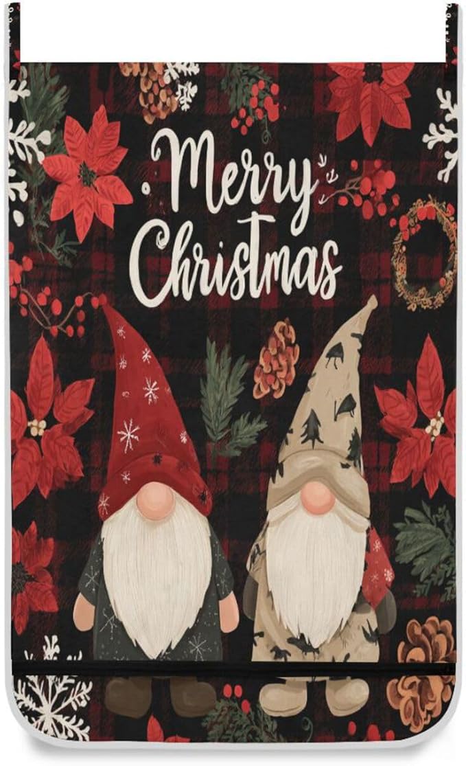 Checkered Christmas Floral Gnomes Hanging Laundry Hamper Door Hampers Bag Basket with Stainless Steel Hooks Oxford Fabric Printing Decorative Clothes Bags 29.5X20inch 2Pack