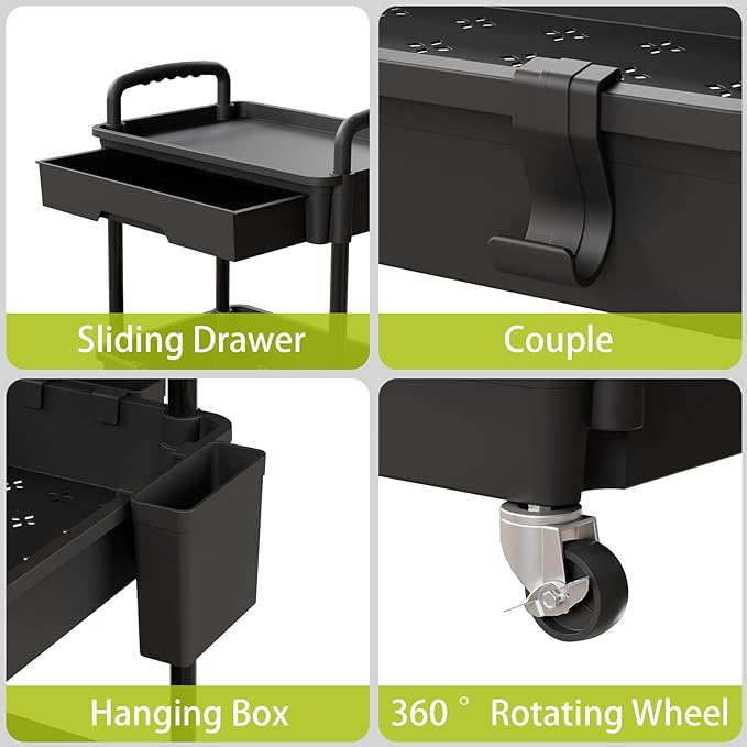 3 Tier Rolling Cart Organizer,Laundry Room Bathroom Organizers and Storage Office Shelves Mobile Shelving Unit Kitchen Trolley Cart with Wheels for Art,Craft,Diaper,Bedside,Snack(Black)
