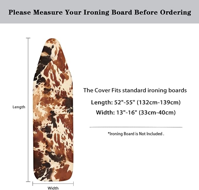 Brown Cow Print Reflects Heat Iron Board Cover, Durable Stretchable Scratches-Proof Fabric Standard Ironing Board Cover, Fitted Extra Wide 15 x 54 Ironing Boards
