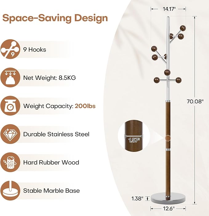 Coat Rack Freestanding, Metal Coat Tree with 9 Rubber Wood Hooks, Heavy Duty Coat Hanger Stand with Marble and Stainless Steel Base, Standing Hall Tree for Clothes, Hats, Bags, Jacket