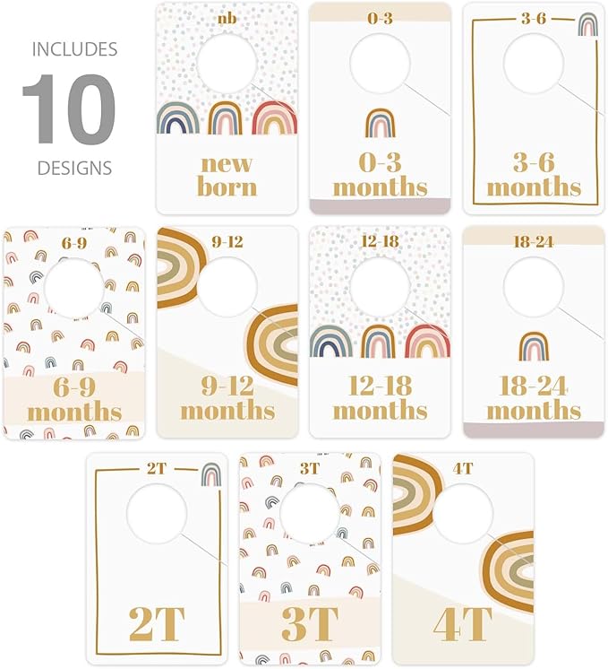 Canopy Street Modern Rainbow Closet Clothing Dividers/Trendy Rainbow Closet Organizers / 10 Newborn To 4T Clothes Organization Dividers / 4" x 6" Flat Boho Baby Nursery Divider Set