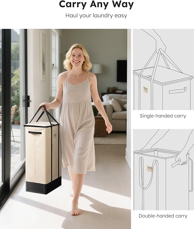 SOLEDI Slim Laundry Hamper with Lid,Collapsible Narrow Laundry Basket with Handles,Tall Skinny Dirty Clothes Hamper for Laundry Room,Dorm,Bathroom,Bedroom,and Small Spaces, 53L Beige