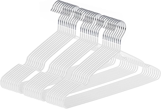 Ultra-Thin Metal Hangers, 30 Pack Non-Slip PVC Coated Space Saving Clothes Hangers for Closet, 16 inch Wide for Suits, Dresses, Jackets（White）