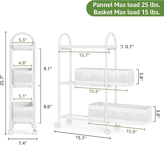 KINGRACK 3-Tier Slim Storage Cart with Pull Out Basket, Rolling Bathroom Organizer Utility, Metal Shelving Unit Slide Out, Lockable Wheels, Easy Assembly for Narrow Place, Kitchen, Laundry Room, White