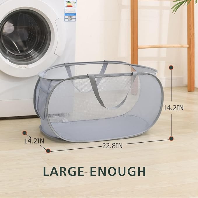 Pop Up Laundry Hamper,Collapsible Horizontal Baskets with Handles & Side Pocket,Foldable Sturdy mesh for Laundry Room,Bathroom,Kids Room,College Dorm or Travel (White)