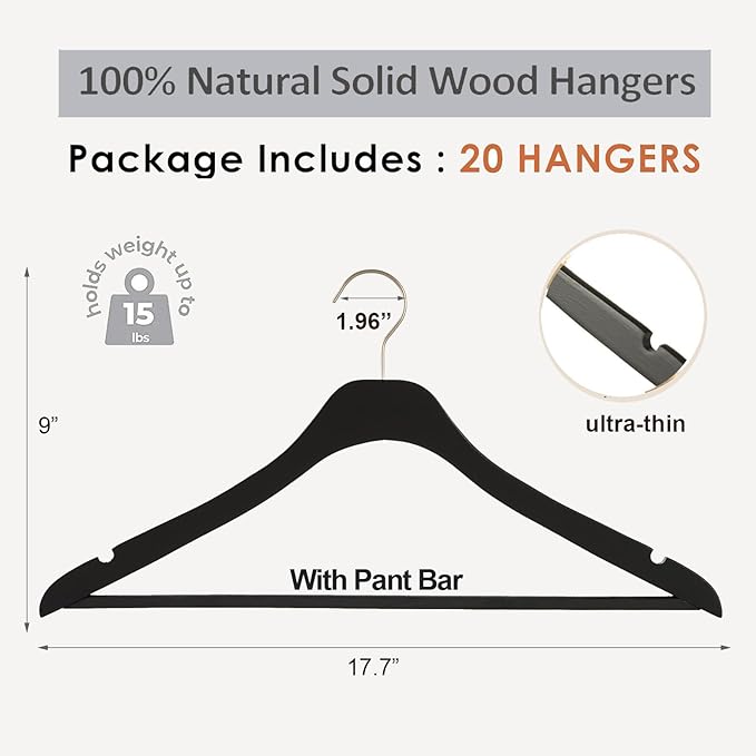 Ultra Thin Wooden Natural Slim Wood Coat Hangers 17.7 inch Space Saving Black Wooden Adult Clothes Hangers,20 Pack Heavy Duty Suit with Pant Bar for Jacket Shirt Suit Pants