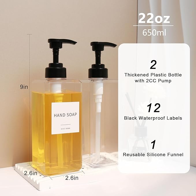 Clear Soap Dispenser with Waterproof Labels, Thickened Plastic Hand Soap Dispenser for Bathroom, Kitchen Dish Washing Liquid Bottles, Shampoo and Conditioner Bottles with Funnel (22oz 2Pack Clear)