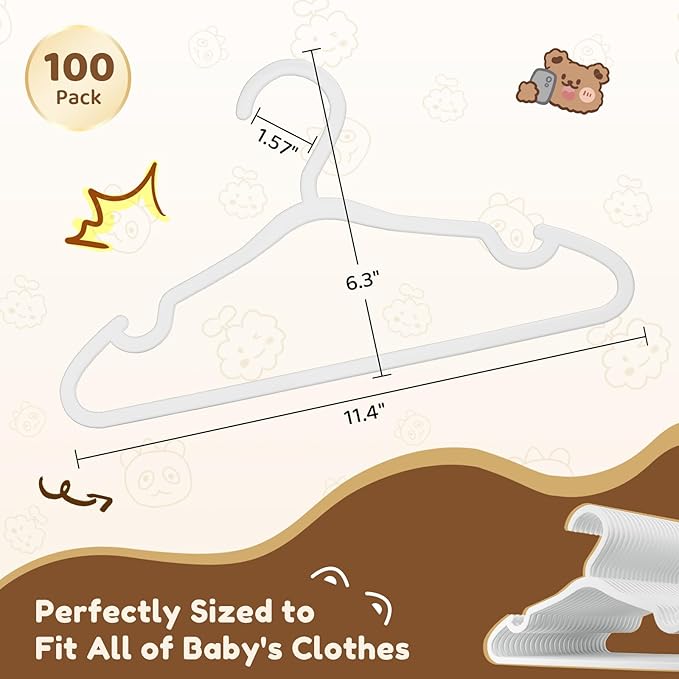 Plastic Kids Hangers - 100 Pack Non-Slip Baby Clothes Hangers for Closet, Toddler & Newborn Clothing Pants, Skirts, Coats (White)