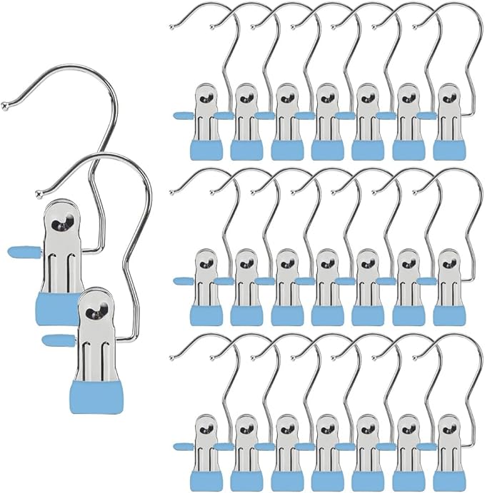 Hangers Clips,Stainless Multi Function Clip Hooks,Laundry Hanging Hooks Clips,Closet Hangers,Boot Clips， Hats Clips,Socks Clips,Pants Clips, Bras Clips (30, Blue)