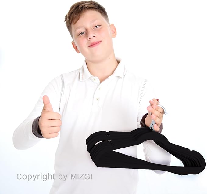 MIZGI Kids Velvet Hangers,Non-Slip Big Kids Hangers,14 Inch Hangers for Youth,Teen Clothes,Pack of 50（Black/Silver）