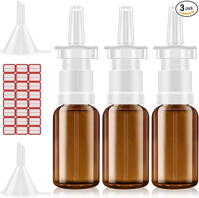 Nasal Spray Bottle, 3 Pcs 30ML/1oz Glass Amber Refillable Fine Mist Sprayers Atomizers, Small Empty Nasal Sprayer with Funnels and Labels