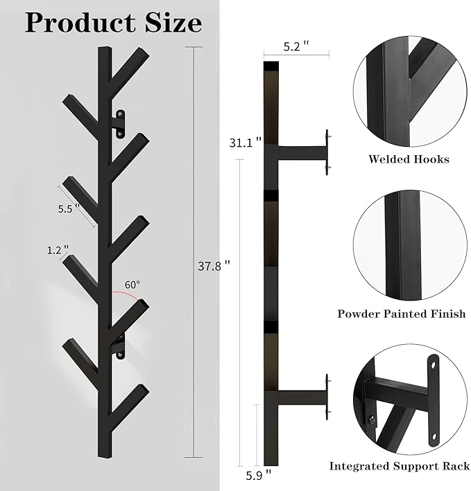 Coat Rack Wall Mounted - 9 Hooks, Coat Hooks for Wall, Modern Metal Coat Tree for Hats, Jackets, Bags, Entryway Bedroom-Black (Height 37.8")