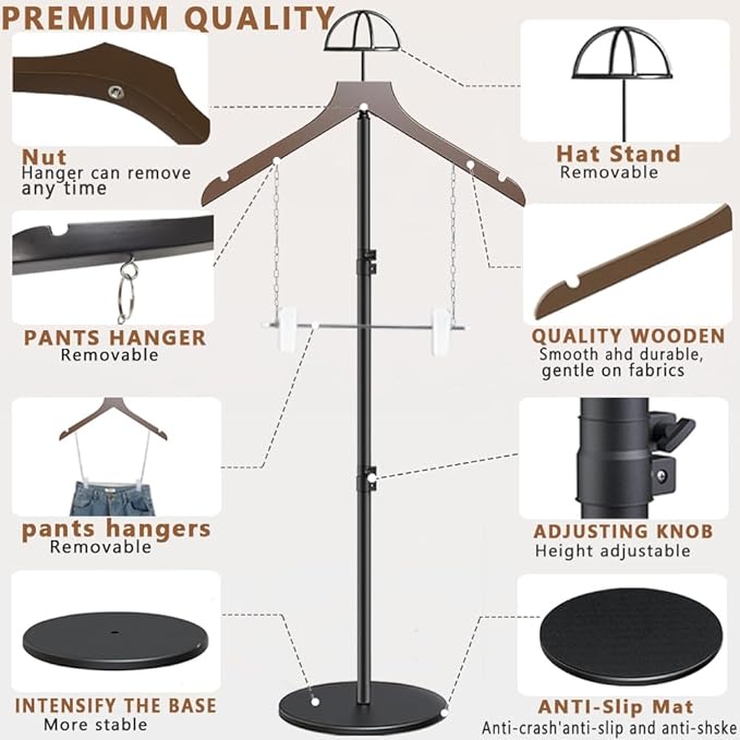 T Shirt Stand Display 26-64.7 Inch with Pants Clip and Hat Rack,Height Adjustable for Long Short Clothes Dress,Display Mannequin for Store,Closet,Photoshoot,Exhibition,Vendors Shop,Parties(1 Brown )