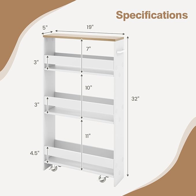 5”W Wooden Slim Rolling Storage Cart, 4 Tier Rolling Spice Rack with Handle, Cabinet Between Washer & Dryer, Slide Out Narrow Kitchen Cart for Kitchen Laundry Narrow Places