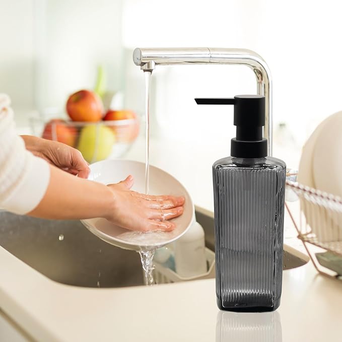 Gray Glass Soap Dispenser Set with Black Pump, 12oz Refillable Liquid Hand Dispenser, Lotion Dish Soap Dispenser for Modern Home Decor, Bathroom, Kitchen Countertop, Hotel(2 Pack)